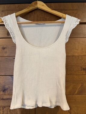 Zara Cream Ribbed Knit Tank with Crochet Cap Sleeves- size S